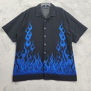Vintage MT:2 Shirt Mens XL Black Blue Flame Print Button Front Short Sleeve Camp